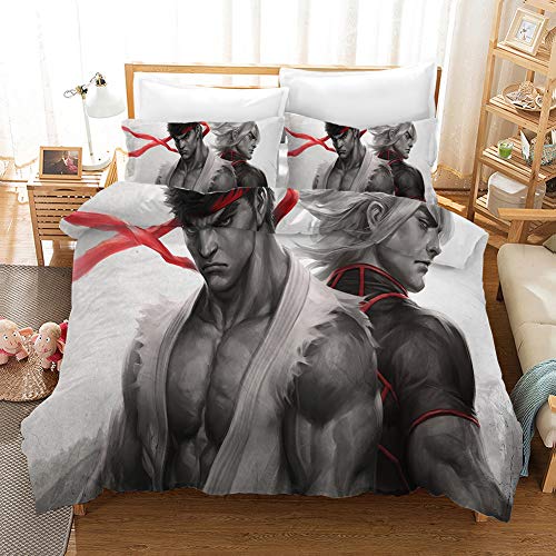 Jiaxiin Street Fighter - Ken Masters and Ryu Anime 3pcs Bedding Duvet Cover Sets Soft Quilt Cover with Zipper Cotton Pillowcase (EU-SuperKing)