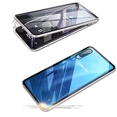 Jonwelsy Funda para Samsung Galaxy A50, 360 Grados Delantera y Trasera de Transparente Vidrio Templado Case Cover, Fuerte Tecnología de Adsorción Magnética Metal Bumper Cubierta para A50 (Plata)
