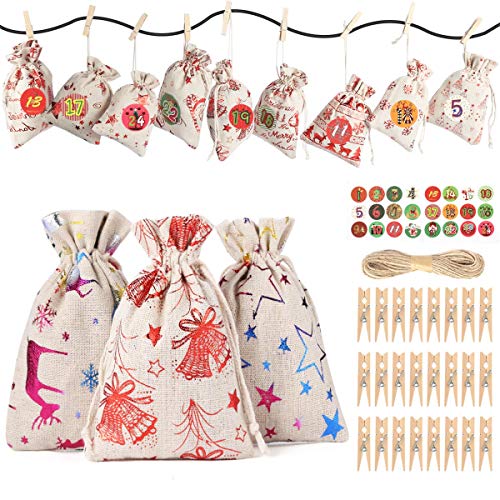 JOYUE Calendario de Adviento para Llenar, Bolsas de Regalo Navidad con 24 Adviento Pegatinas, Saquitos de Navidad, Bolsa de Yute, Bolsas de Calendario de Cuenta Regresiva de Navidad 2020 (12 Patrones)