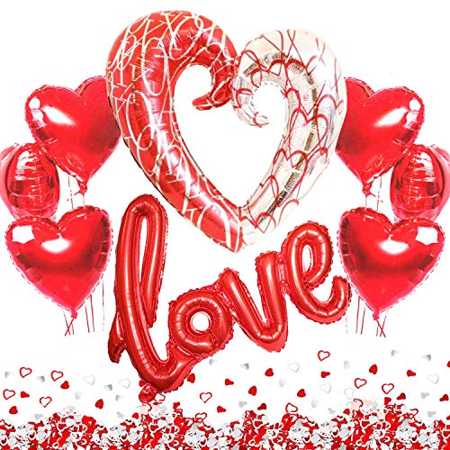 Kit Romántico de Globos, Globo Love XXL, 1 Corazon Gigante, 6 Globos Helio Corazón Rojo Decoración Romantica Día de San Valentín Bodas Nupcial Aniversario y Compromiso