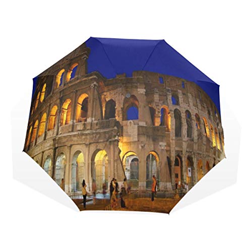 LASINSU Paraguas Resistente a la Intemperie,protección UV,Anfiteatro Azul Coliseo Romano Noche Roma Famoso Arco Arqueología Arquitectura Copia