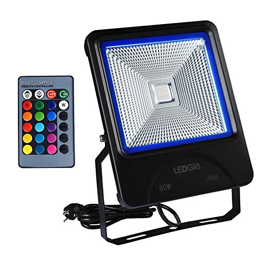LEDGLE Foco LED de 60 W, función de memoria, para exteriores, con mando a distancia, 4 modos, 16 colores, IP66 resistente al agua