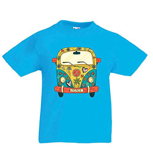 lepni.me Camiseta para Niño/Niña Años 60 70 Hippie Van, Flores, Amor, símbolo de Paz Libertad (7-8 Years Azul Claro Multicolor)