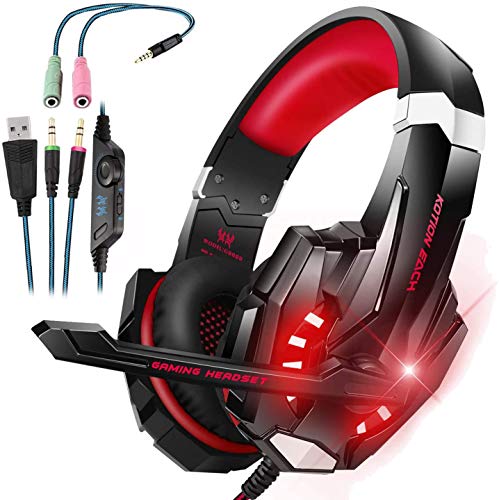 LESHP - Auriculares para gamer G9000 con cable para PC, PS4, portátil, tableta y móvil - Con micrófono, audio estéreo, luz led y antirruido Noir+Rouge