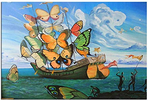 Lienzos De Fotos Sin Marco 40x60cm Vintage Psychedelic de Salvador Dali reproducción de mariposa en cartel de barco de vela para dormitorio,
