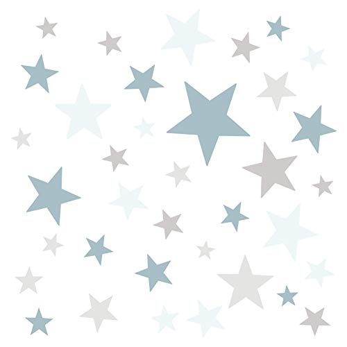 Little Deco DL403 Adhesivos decorativos para pared, en diseño de estrellas, color azul, gris claro, 60 estrellas, para el dormitorio, autoadhesivos