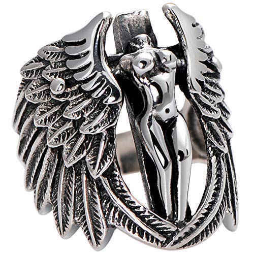 LKITYGF Moda novedosa Vintage Thai Guardian Angel Personality Crossity Alas exageradas Anillo de Acero de Titanio para Hombre, 12 (Size : 12)