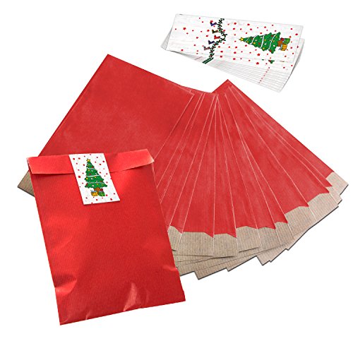 Logbuch-Verlag 25 bolsas de papel rojo 17,5 x 21,5 cm + 25 pegatinas de Navidad 5 x 15 cm con motivo de árbol - mini embalaje para regalos recuerdos adorno