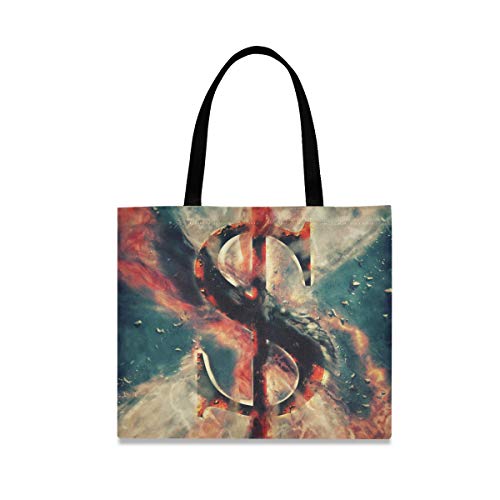 LZXO Bolsa de lona para compras con diseño de símbolo de dólar y asa larga y reutilizable, bolsa de la compra de lona grande con bolsillo interior para mujer y niña