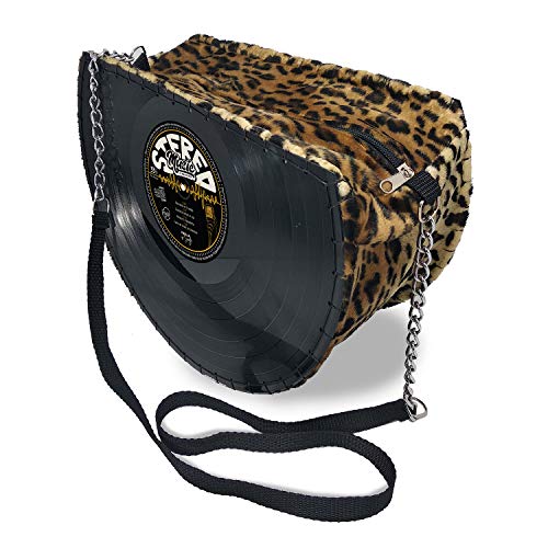 Mancha de Creación - Bolso hecho con discos de vinilo LP, asa con cadena, tela leopardo y diseño Stereo, bolso bandolera de hombro para mujer, retro, vintage, casual