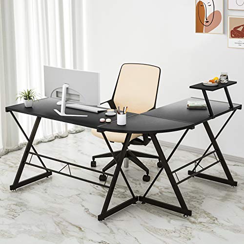 Maxzzz - Escritorio esquinero en forma de L, mesa informativa robusta de madera, montaje simple con estante de pantalla ajustable extraíble, ideal para colegios, oficina en casa Maxzzz - Escritorio esquinero en forma de L, mesa informativa robusta de madera, montaje simple con estante de pantalla ajustable extraíble, ideal para colegios, oficina en casa