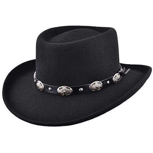 MAZ Sombrero de vaquero de fieltro de lana triturable con banda de hebilla, color negro