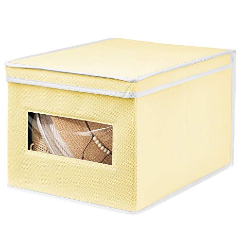 mDesign Caja de Tela – Práctico Organizador de armarios con Tapa abatible para Dormitorio, salón o baño – Caja de almacenaje apilable de Fibra sintética Transpirable – Amarillo Claro/Blanco