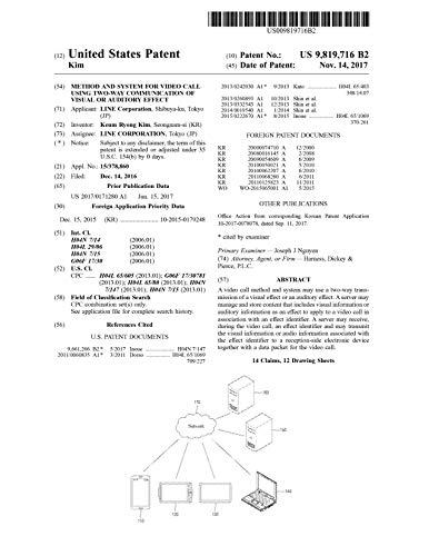 Method and system for video call using two-way communication of visual or auditory effect: United States Patent 9819716 (English Edition)