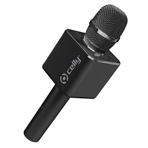 Micrófono Karaoke Bluetooth con Altavoz Incorporado, Celly KARAOKEBK 3W Inalámbrico Permite Cantar y Reproducir música al Mismo Tiempo conectándolo al Smartphone o PC. Negro