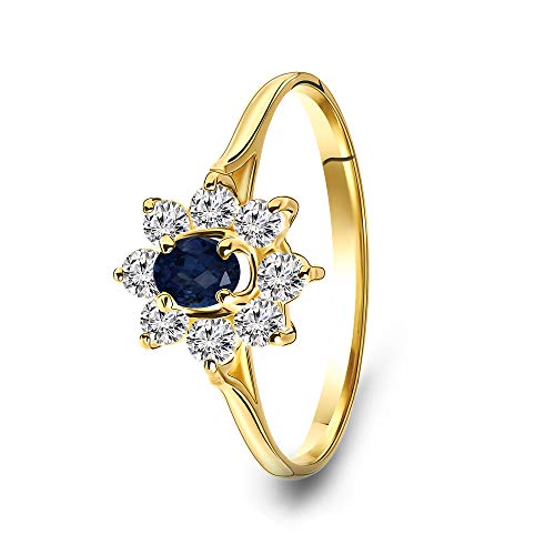 Miore - Anillo de compromiso para mujer, oro amarillo 585 de 14 quilates con piedras preciosas de zafiro azul y circonitas redondas (14)