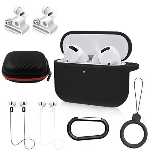 NANTING Funda para Airpods Pro Funda, Airpods Pro Accesorios 8 en 1 Kit, Funda de Silicona para Apple Airpod Gen3 con Anillo/Correa de Reloj Airpods Pro Holder/Llavero/Caja de Transporte (Negro)