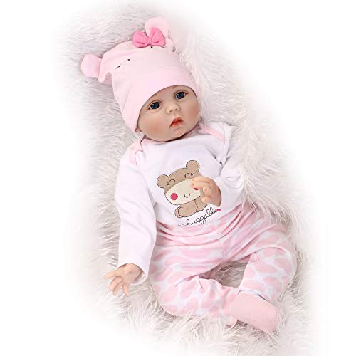 Nicery Reborn Baby Doll Renacer Bebé la Muñeca Vinilo Simulación Silicona Suave 22 Pulgadas 55cm Boca Natural Niña Niño Juguete vívido Pink Bear Lucy