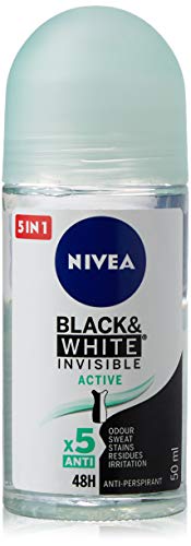 NIVEA Black & White Invisible Active Roll-on (1 x 50 ml), desodorante roll on antitranspirante para mujer, desodorante 48h con protección antibacterias