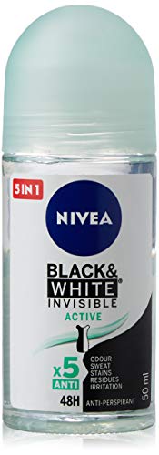 NIVEA Black & White Invisible Active Roll-on (1 x 50 ml), desodorante roll on antitranspirante para mujer, desodorante 48h con protección antibacterias NIVEA Black & White Invisible Active Roll-on (1 x 50 ml), desodorante roll on antitranspirante para mujer, desodorante 48h con protección antibacterias