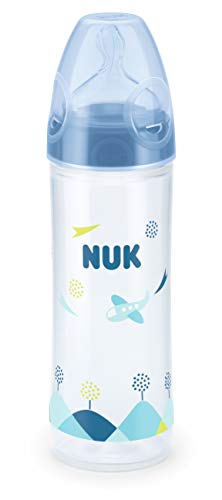 NUK Biberón New Classic 10216239, 250 ml, cuerpo estrecho de la botella, compatible con la mandíbula, tetina de silicona Nuk First Choice Plus, 6 – 18 meses, M (leche), avión, azul