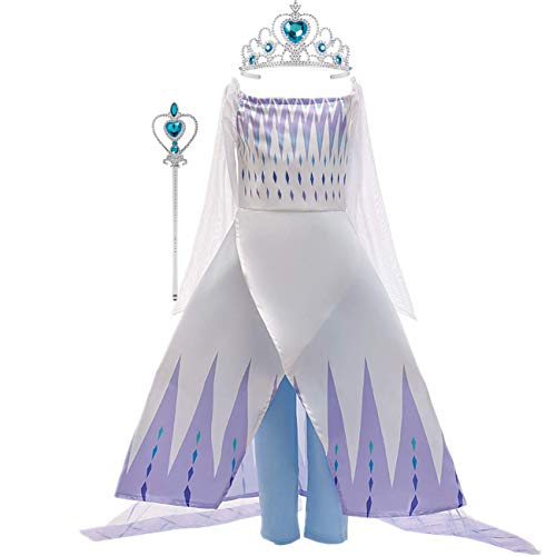 O.AMBW Elsa Disfraz niña Snow Queen 2 Princesa Falda Azul Blanco Copo de Nieve Tulle Capa Vestido de Noche de Dos Piezas Disfraces de Halloween Disfraz de rol con Corona Varita mágica