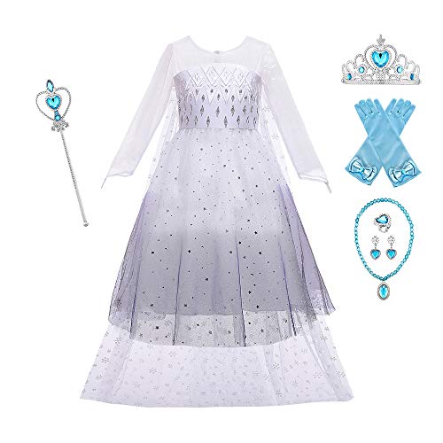 O.AMBW Vestido para niñas de 2 a 10 años con Capa Larga Desmontable y Falda Blanca Negra Disfraz de Frozen Disfraz de Princesa Cosplay con 6 Juegos de Accesorios Fiesta de Halloween