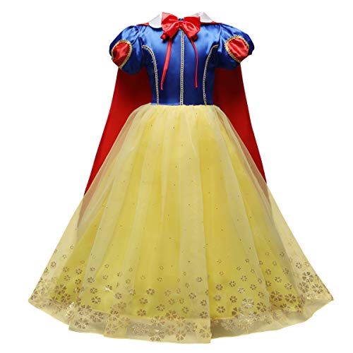 OBEEII Blancanieves Disfraz con Capa Snow White Carnaval Traje de Princesa Cuentos Infantiles para Halloween Navidad Fiesta Ceremonia Aniversario Cosplay Costume para Niñas Chicas 7-8 Años