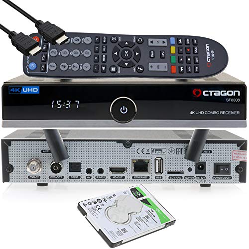 OCTAGON SF8008 4K UHD HDR Receptor Combo 1xDVB-S2X & 1x DVB-C/DVB-T2 – satélite, cable / señal terrestre, E2 Linux IPTV Smart TV Box, Media Server, función de grabación, HDMI, Dual WiFi [1TB interna]