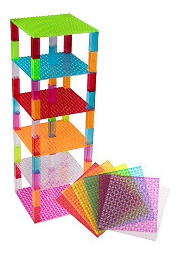 Pack de 6 bases con ladrillos separadores 2 x 2 - Construcción en forma de torre - Compatible con todas las marcas - 15,24 x 15,24 cm - Azul, transparente, verde, magenta, naranja y rojo