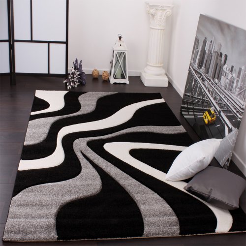 Paco Home Alfombra De Diseño Perfilado - Estampado De Ondas - Negro Gris Blanco, tamaño:160x230 cm Paco Home Alfombra De Diseño Perfilado - Estampado De Ondas - Negro Gris Blanco, tamaño:160x230 cm