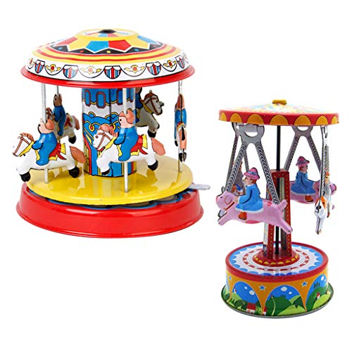 perfeclan 2pcs Classic Wind Up Carousel Clockwork Metal Tin Toy Regalos Coleccionables