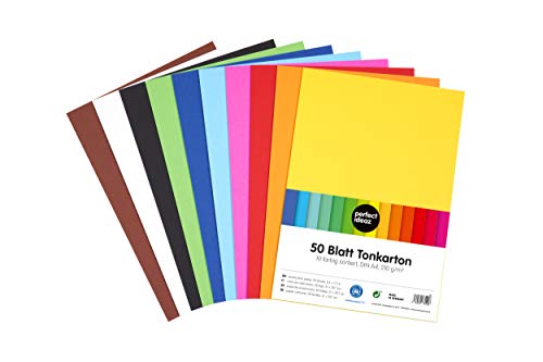 perfect ideaz papel de construcción A4 de colores, 50 hojas, en 10 colores diferentes, grosor de 210g/m², hojas de la máxima calidad