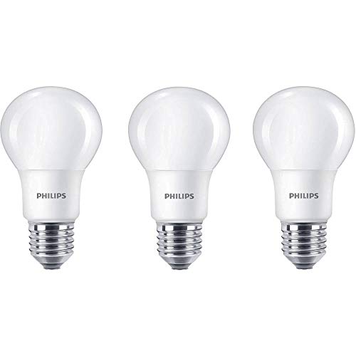 Philips Bombilla LED estándar E27, 8W equivalentes a 60W en incandescencia, 806 lúmenes, luz blanca cálida, pack de 3