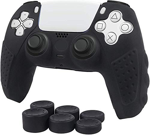 PS5 Dualsense Controller Skin   Case Funda protectora de silicona antideslizante para Playstation 5 Controlador PS5 Gamepad Accesorios de juego con 6 agarres para el pulgar-Negro-Negro