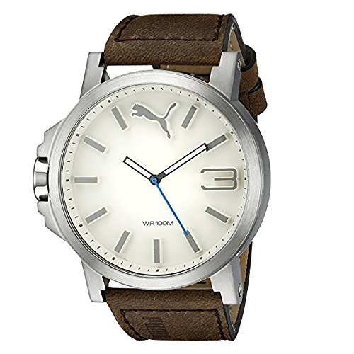 Puma Ultrasize - Reloj análogico de cuarzo con correa de cuero para hombre, color marrón/blanco