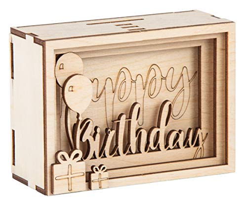 Rayher 3D caja regalo madera Birthday,FSCMixC, natural, 11,5x8,5x5cm