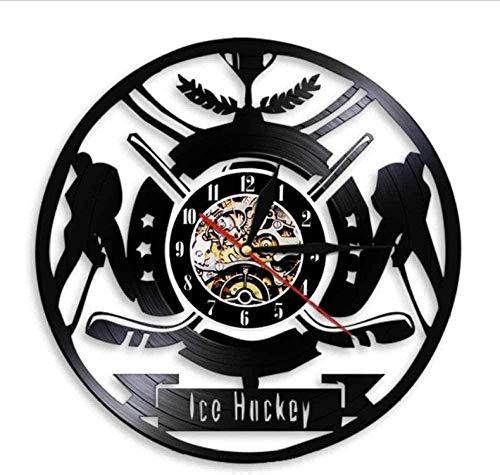 Reloj de Pared Hockey sobre Hielo Arte de la Pared Niños Dormitorio Reloj Decorativo Reloj de Pared Jugadores de Hockey Disco de Vinilo Vintage Reloj de Pared Regalo de los Amantes del Hockey