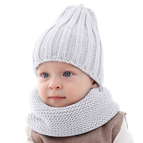 ROSEBEAR Conjunto de bufanda circular para bebés y niños, gorro de invierno y bufanda para niños pequeños, conjunto de pañuelo de punto cálido para 0-3 años (blanco)