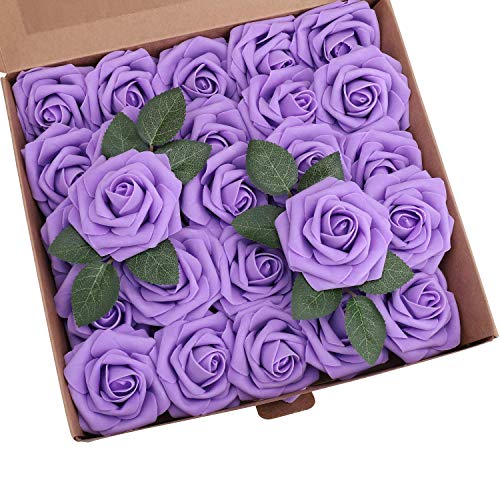 Ruiuzi Rosa Artificial Flor 25PCS Rosa Falsa Espuma Mirada Real con Hoja y Vástago Ajustable para Bricolaje Ramos de Boda Decoraciones para el Hogar Nupciales (Purple, 25pcs)