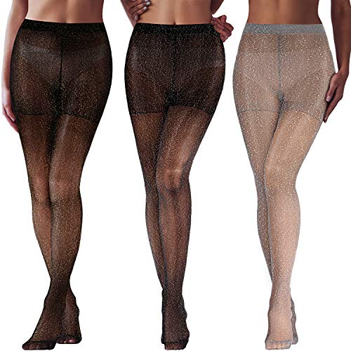 SATINIOR 3 Pares Medias Metálicas Medias Brillantes de Mujer Pantimedias Elásticas Brillantes de Cintura Alta (Hilo Negro-Dorado, Negro-Plateado, Gris-Plateado)