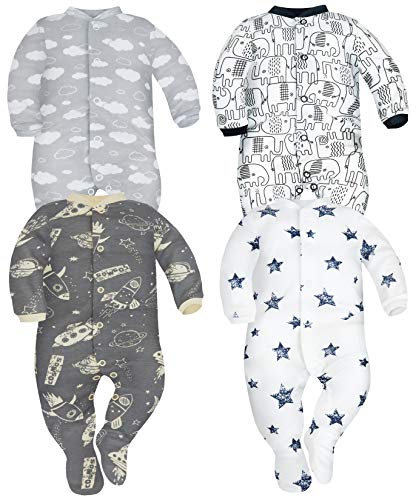 Sibinulo Nino Nina Pijama Bebé Pelele de Algodón Pack de 4 Nubes Cosmos Elefantes Negros y Estrellas 56(0-3 Meses)