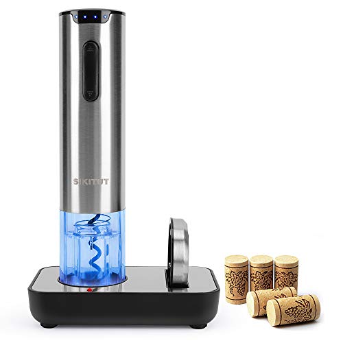 SIKITUT Sacacorchos Electrico, Abridor Botellas de Vino Inalámbrico,Automatico Abrelatas de Vino con Indicador LED de Batería y Base de Carga USB y Cortador de Papel,Acero Inoxidable