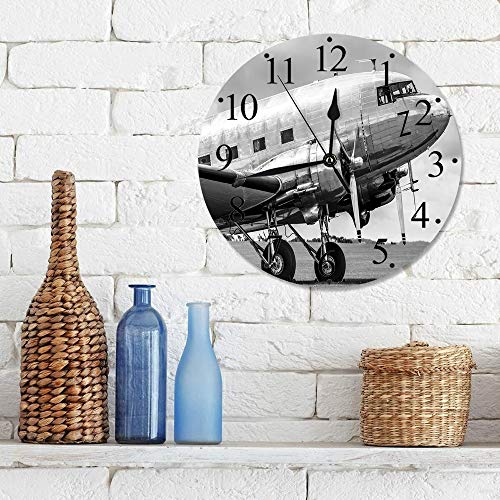 Silencioso Wall Clock Decoración de hogar de Reloj de Redondo,Avión antiguo, Old Airliner Cockpit Motor antiguo Hélices Alas e imagen de nostalgia, Gris ,para Hogar, Sala de Estar, el Aula