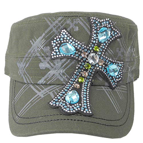 SILVERFEVER - Gorra de cadete militar para mujer, algodón, tachonado y bordado. Verde oliva, cruz angélica Talla única