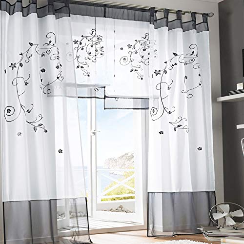 SIMPVALE - Juego de 2 Cortinas Bordadas con Trabillas Ancho 140 cm, Poliéster, Gris, Altura 245cm