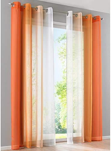 SIMPVALE Juegos de 2 Cortinas Gasa - degradados - Gasa Transparente Visillos - Ancho 140cm - Naranja con Blanco - Altura 145cm