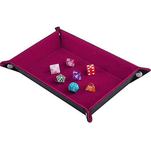 SIQUK Tablero de Dados de Doble Cara, Plegables de Cuero de PU y sostenedor de Dados de Terciopelo Rojo Rosa Oscuro para Mazmorras y Dragones Juego de Dados RPG D & D y Otros Juegos de Mesa