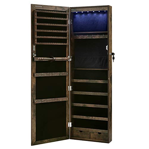 SONGMICS Armario para Joyas, Gabinete con Cerradura de Pared, Organizador de Almacenamiento para Pendiente Collar, con Espejo y Varios Compartimentos, Marrón Rústico JJC93CB