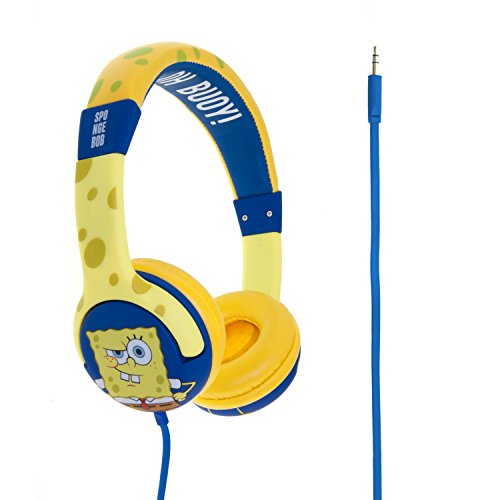 Spongebob SB0109 - Auriculares de diadema cerrados junior con función de seguridad de limite de volumen a 85 db para niños entre 3 y 7 años, color amarillo y azul